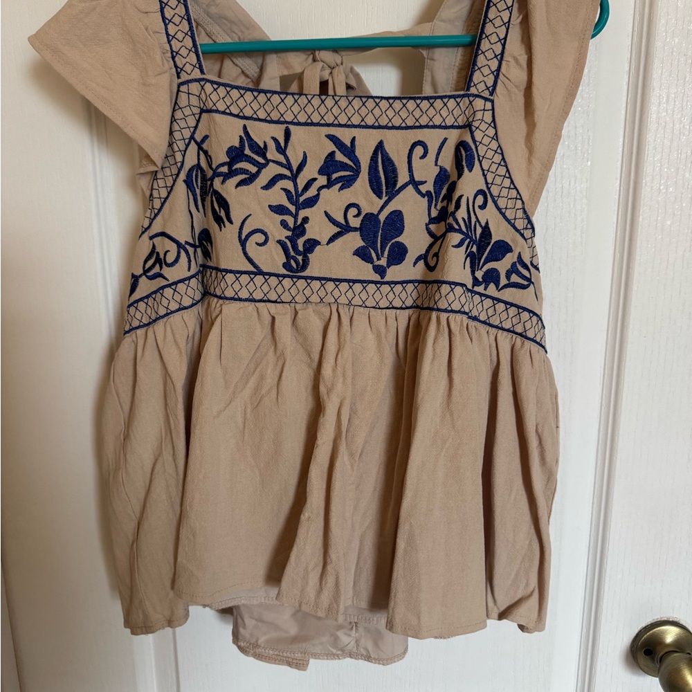 Tan and Blue Ruffled Cap Sleeve Blouse